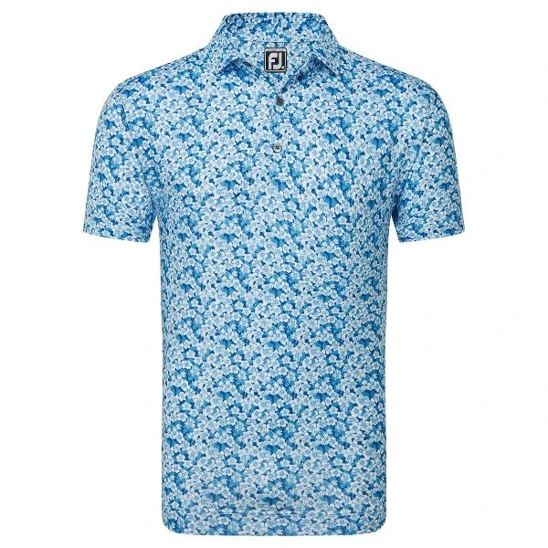 Footjoy Primrose Print Lisle Golf Polo Shirt - Ocean / Deep Blue / White