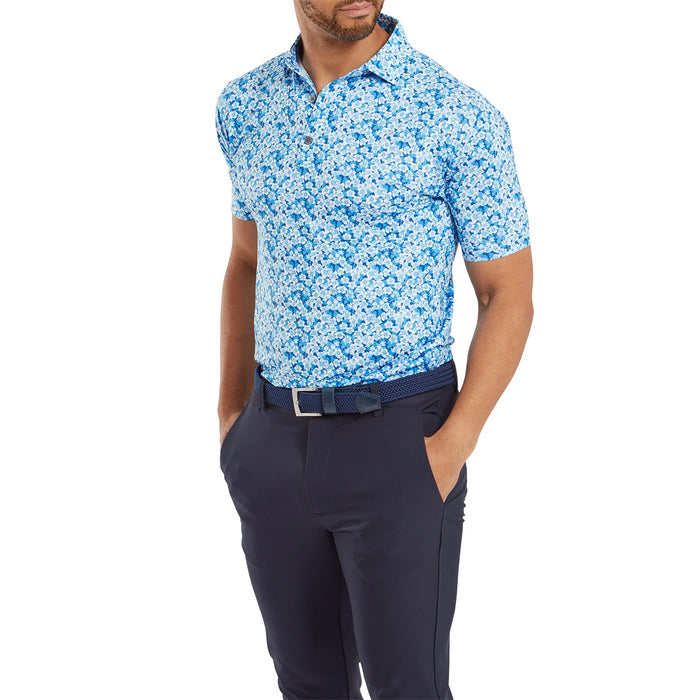 Footjoy Primrose Print Lisle Golf Polo Shirt - Ocean / Deep Blue / White