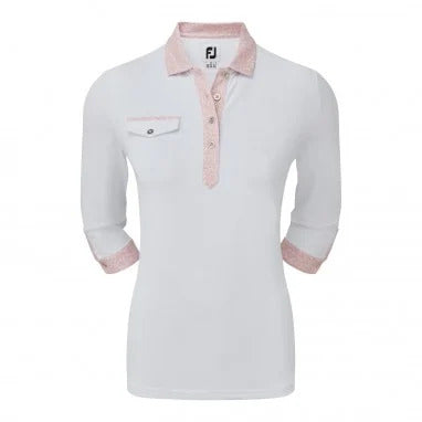 Footjoy Ladies 3/4 Sleeve Pique Print Golf Polo Shirt - White/Pink