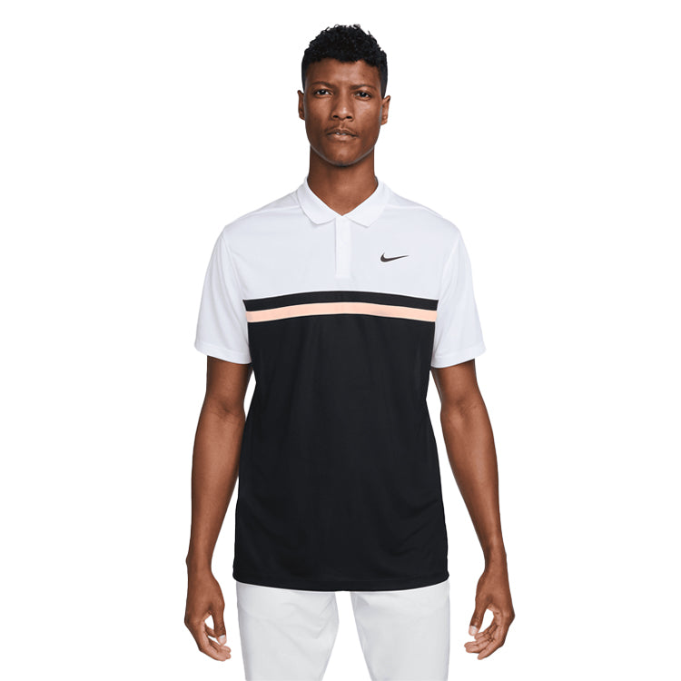 Nike Dri-Fit Victory Colourblock Golf Polo Shirt - White/Black/Orange